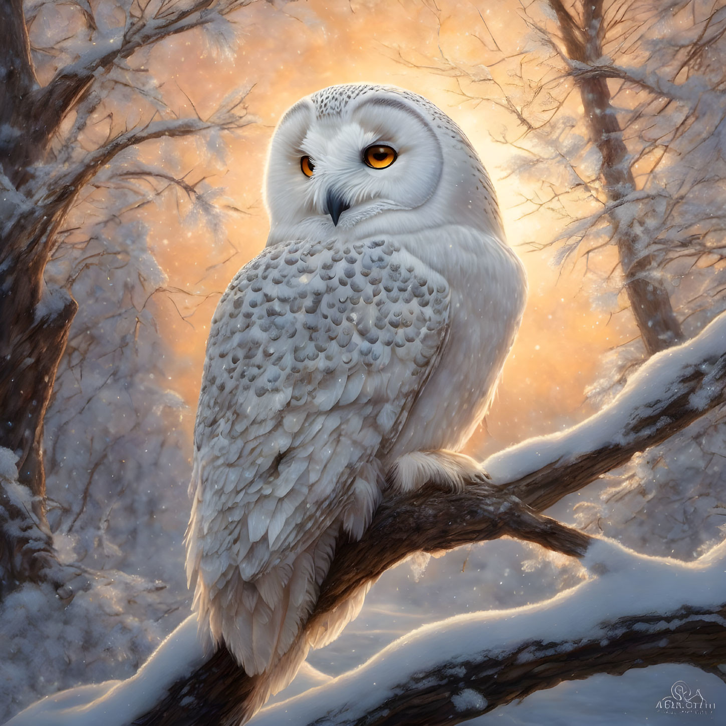 Snowy Owl Perched on Branch in Sunlit Snowy Forest