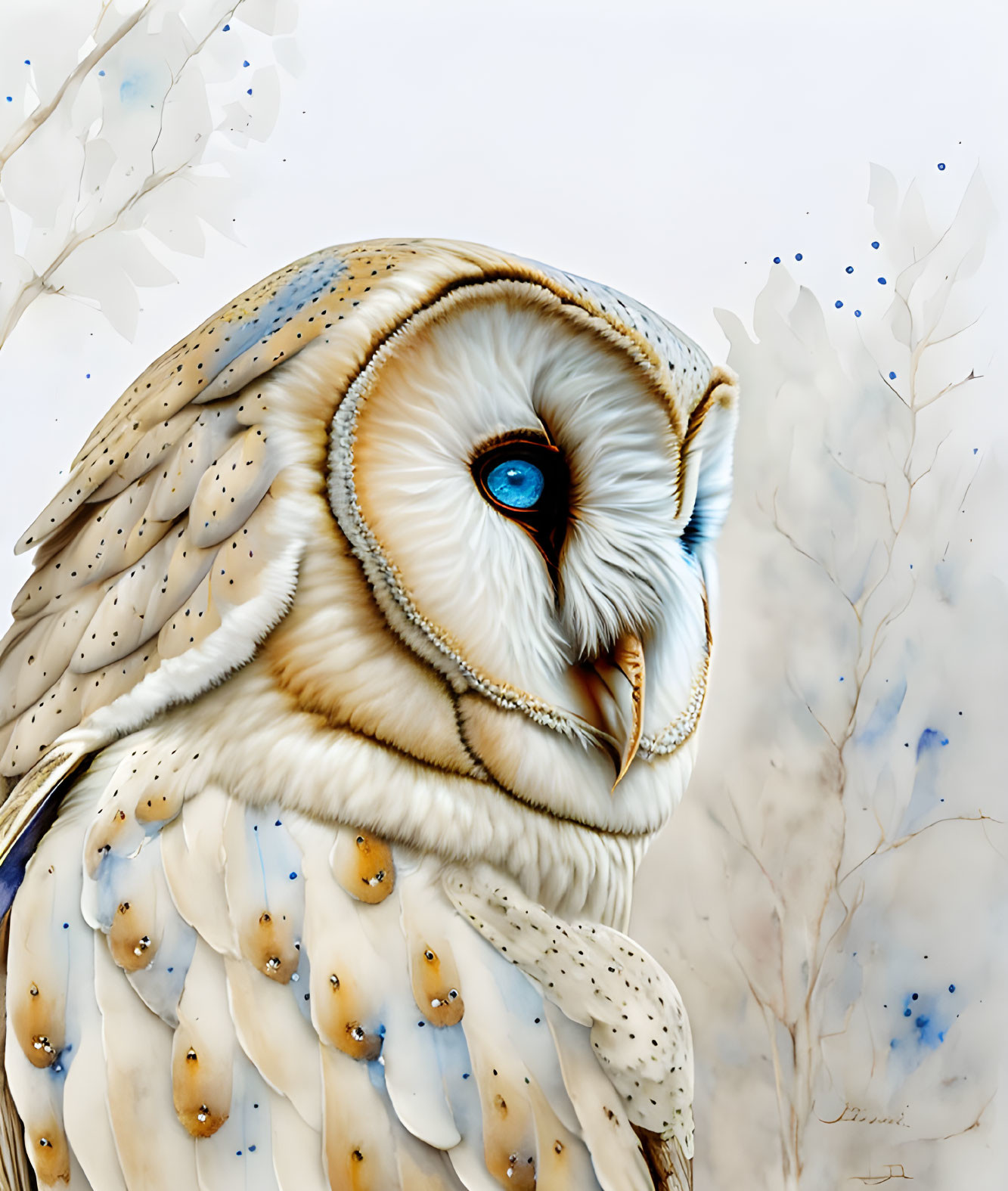 Detailed illustration of barn owl with striking blue eyes on pale background.