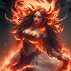 Fiery-haired woman in golden armor surrounded by flames