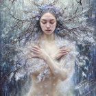 Mystical figure with tree branch hair in wintry forest scene