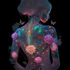 Digital art: Woman with cosmic butterfly motif surrounded by luminous butterflies