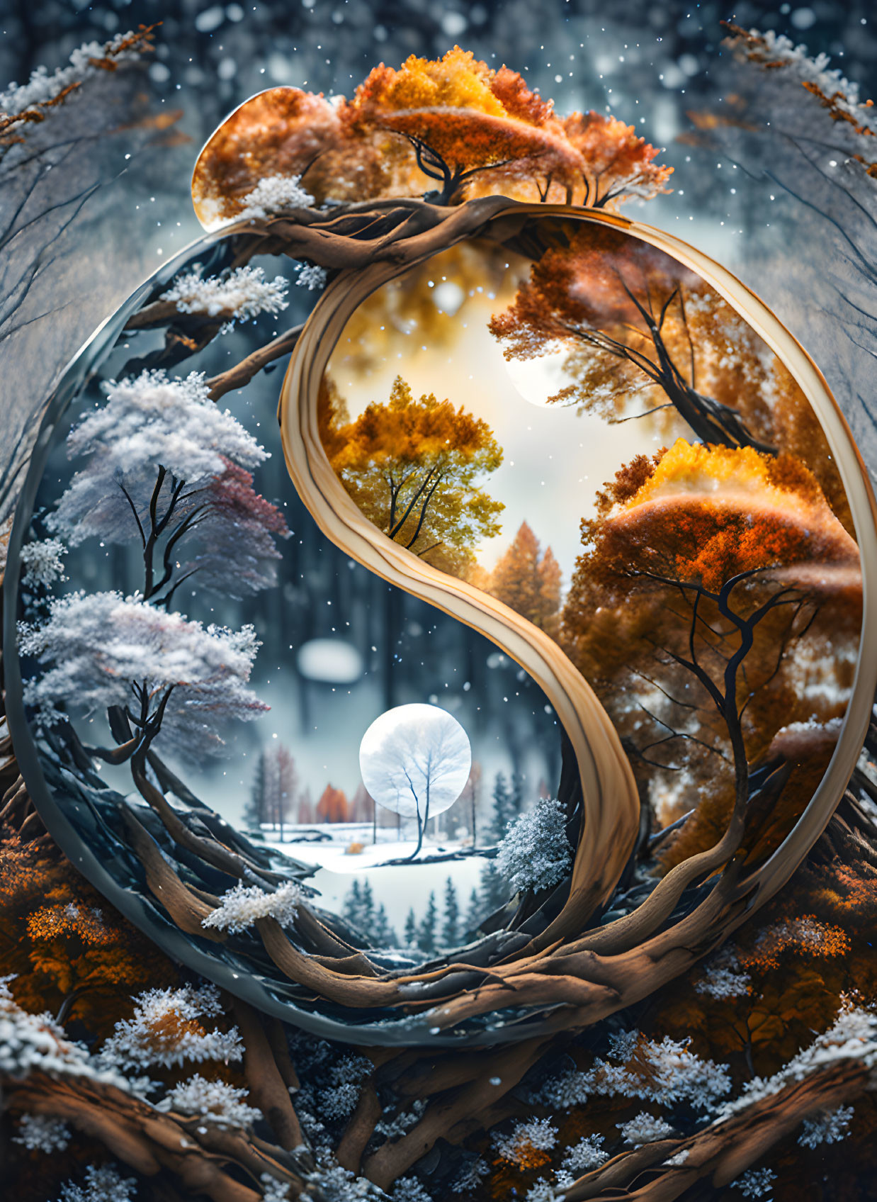 Seasonal changes depicted in yin-yang symbol with trees - cycle of nature