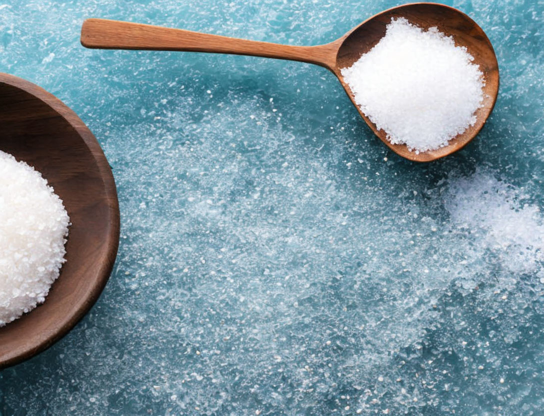 Wooden Spoon and Sugar-Filled Bowl on Light Blue Textured Surface