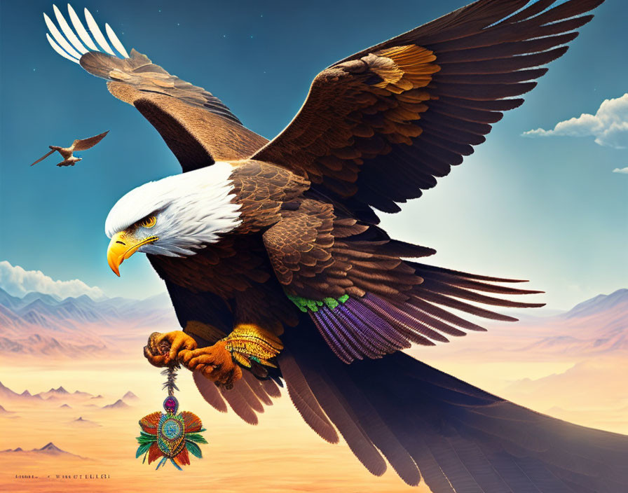 Bald eagle with outstretched wings holding dreamcatcher over desert landscape