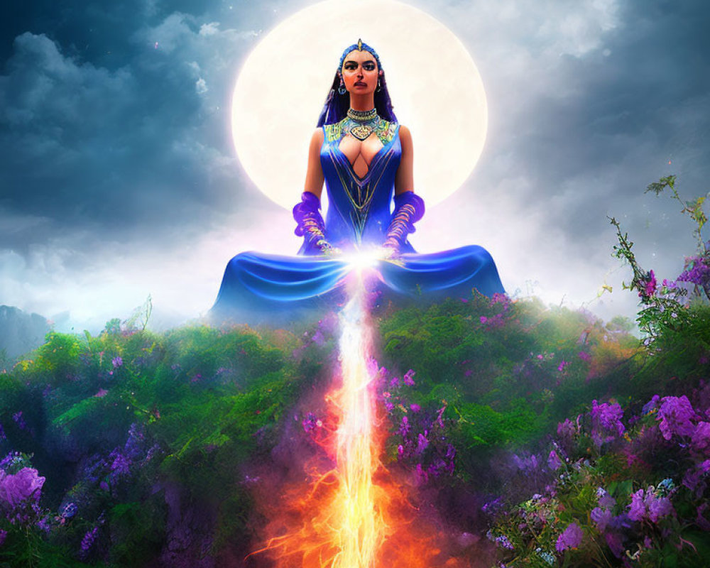 Mystical woman in blue attire levitates above flowery landscape under full moon