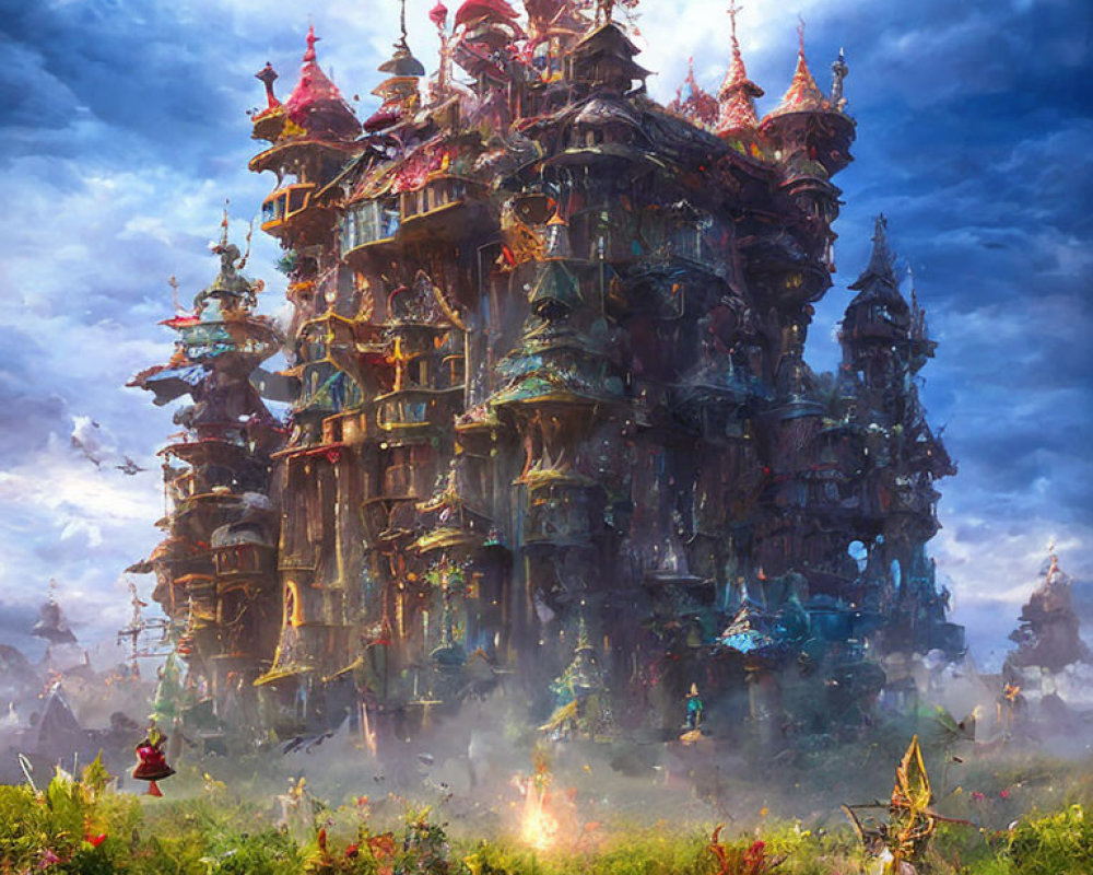 Fantasy castle with spires in vibrant landscape under dramatic sky