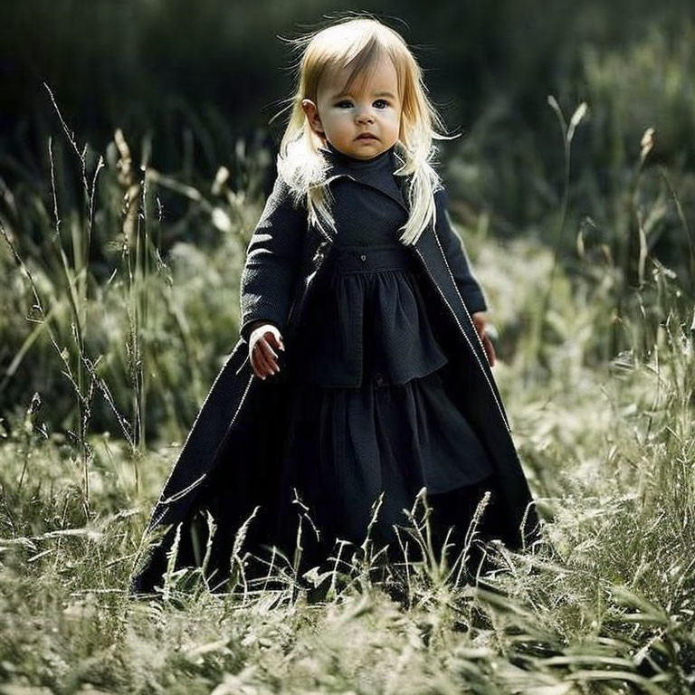 Young child in black coat standing in tall grass under sunlight