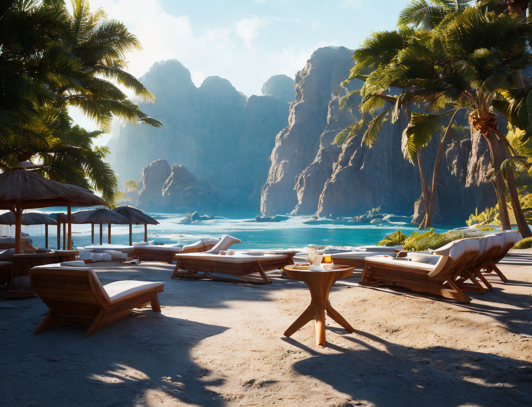 Tranquil Tropical Beach Scene with Sun Loungers and Straw Umbrellas