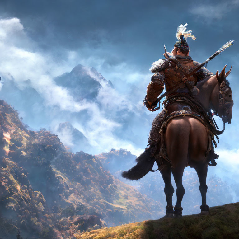 Knight in ornate armor on horse in misty mountain landscape