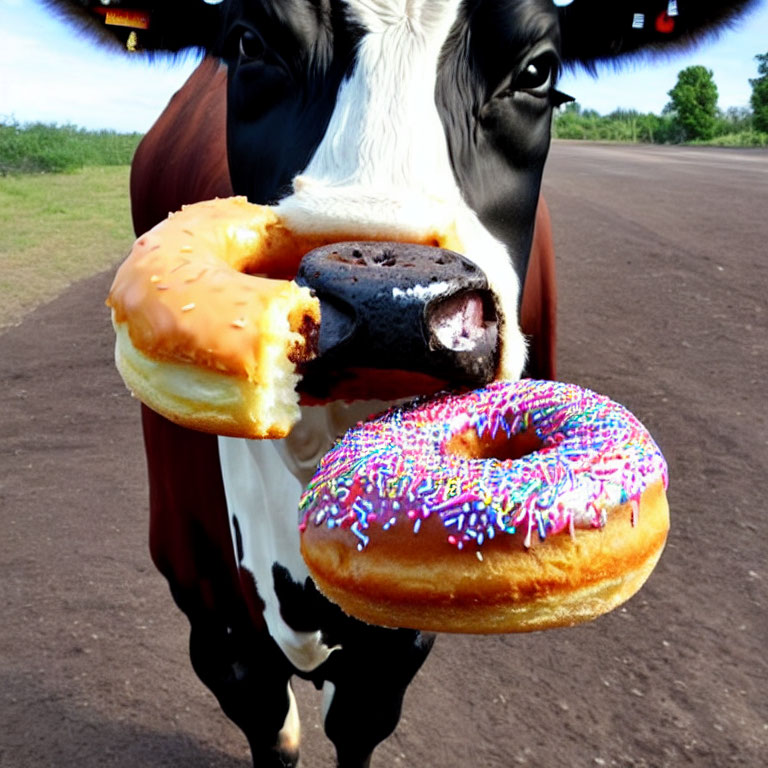 Cow with three donuts on snout in road and greenery scene