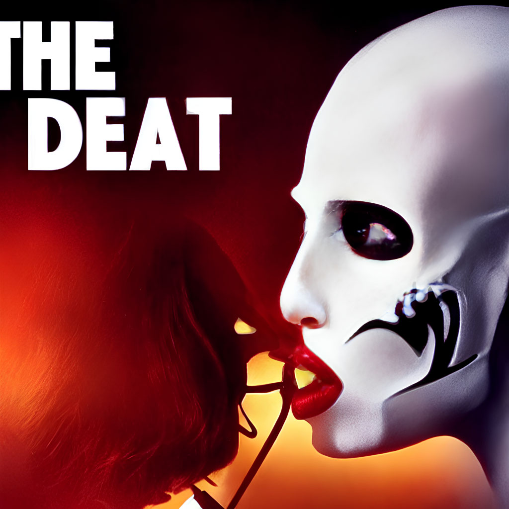 Close-up of person in white phantom mask whispering to silhouetted profile on red background