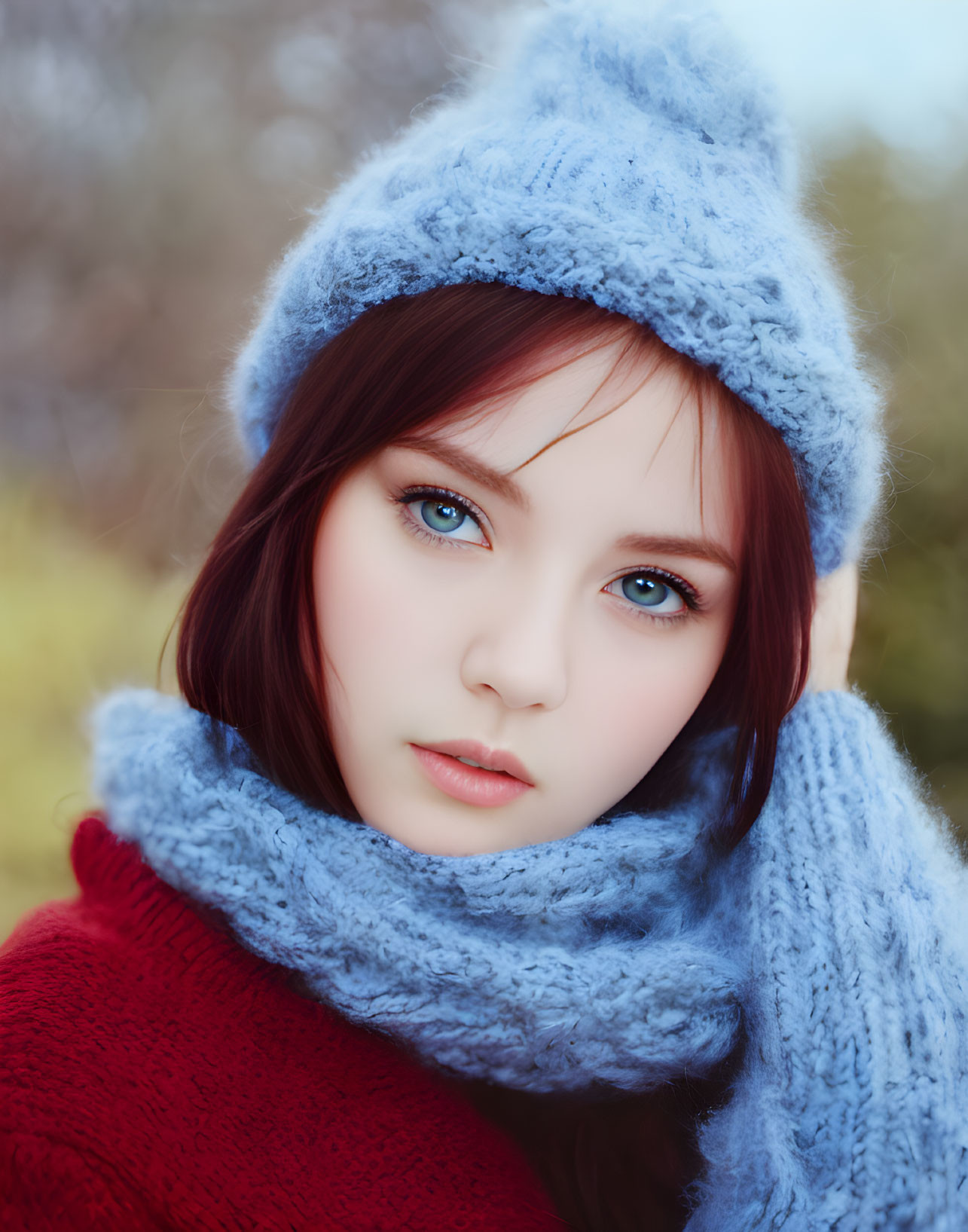 Person with Bright Blue Eyes in Blue Knitted Hat and Scarf Outdoors in Cold Weather