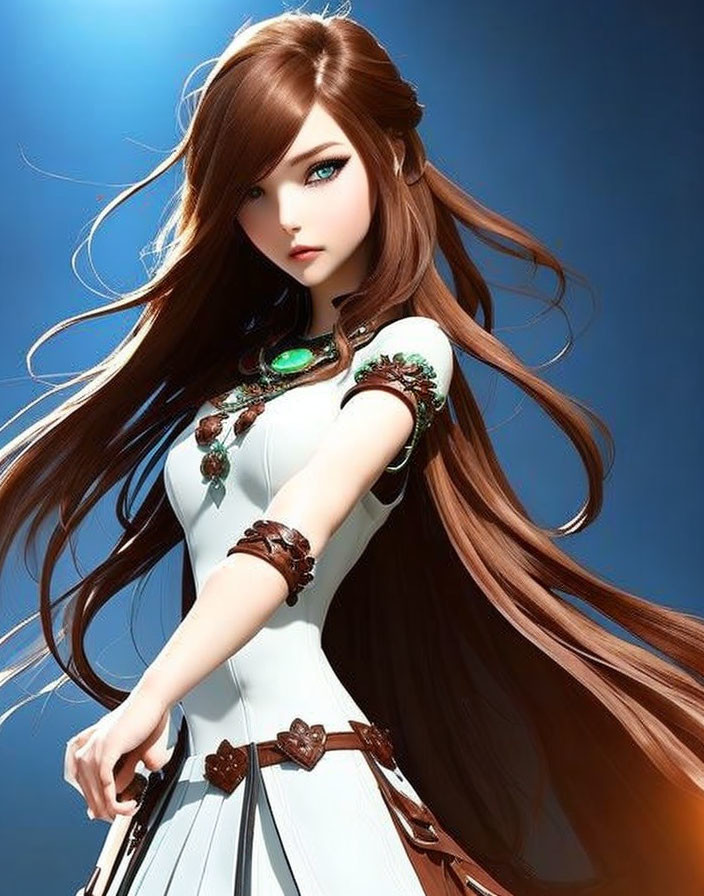 Animated Female Character with Flowing Brown Hair and Striking Blue Eyes in Detailed White Dress