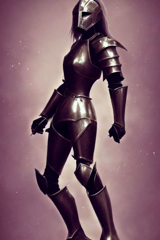 Female Knight in Dark Armor Stands in Misty Purple Setting