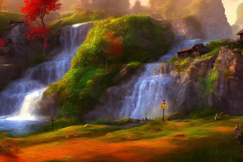 Tranquil landscape with waterfall, cottage, lush greenery, autumn trees