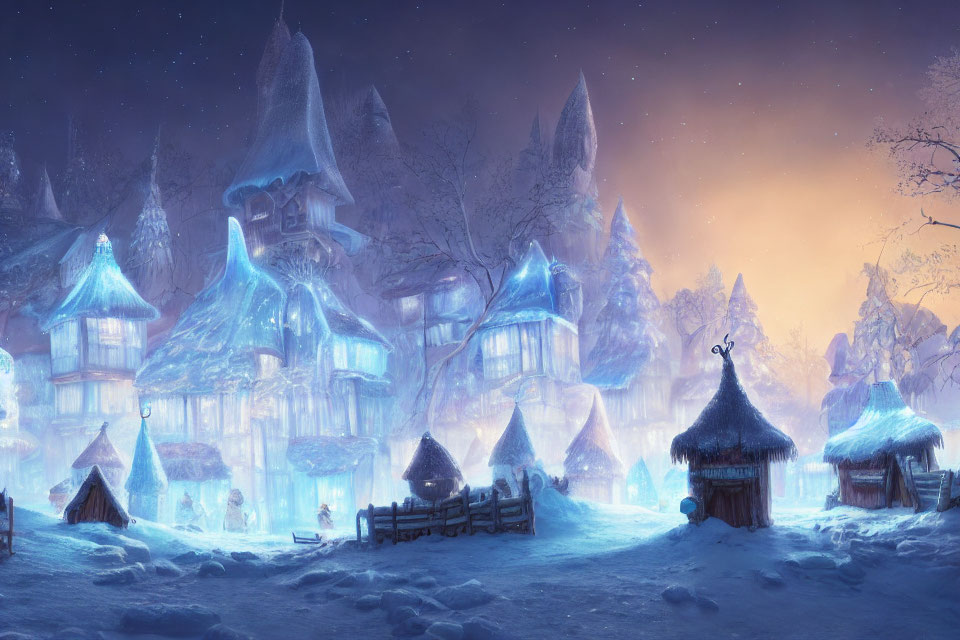 Snow-covered winter village with glowing blue lights