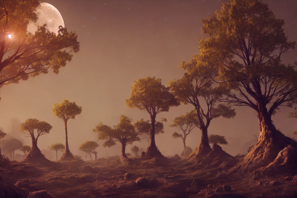 Nighttime landscape with full moon, starry sky, and trees