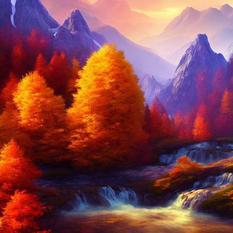 Vibrant autumn landscape: orange and red trees, cascading river, misty mountains, golden