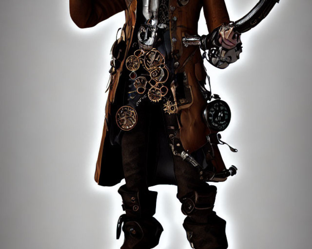 Steampunk-inspired character in top hat, goggles, long coat, and retro-futuristic gun