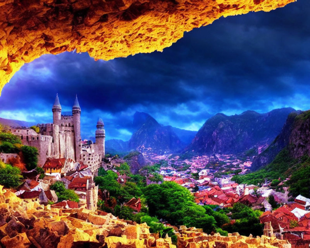 Scenic cave view of town with twin towers and mountains