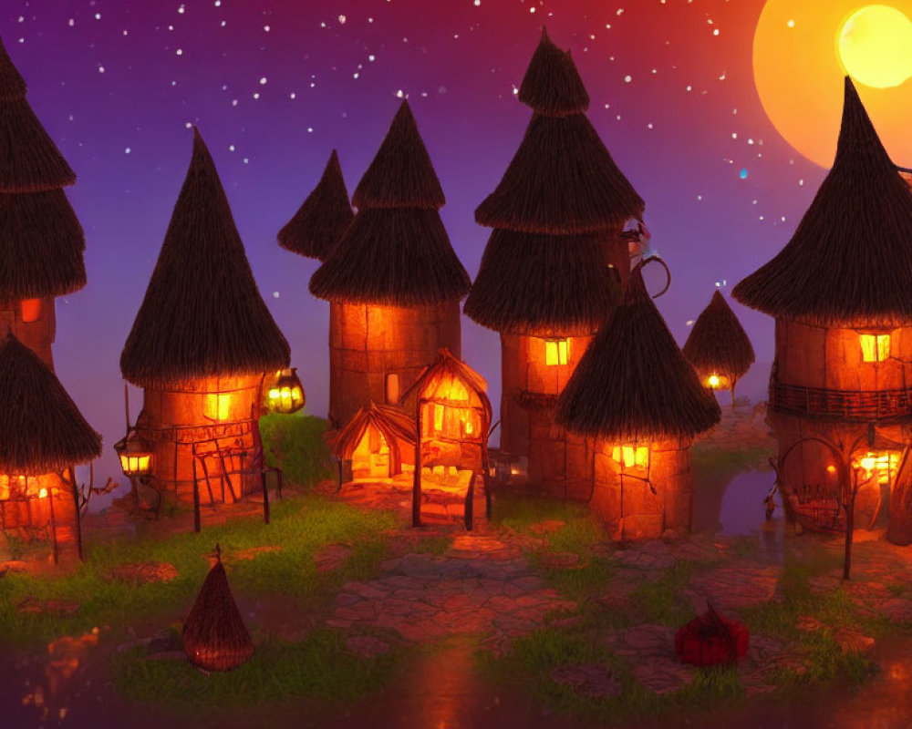 Whimsical village with thatched-roof cottages under starry sky