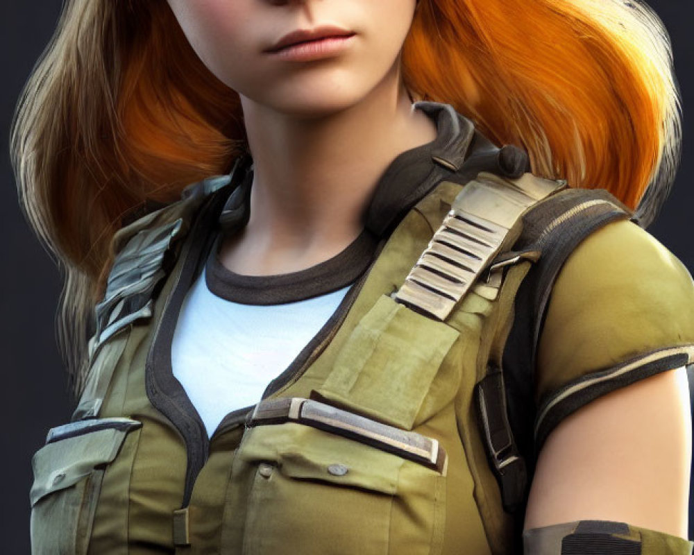 Realistic 3D Rendering of Woman with Long Red Hair in Green Military Vest