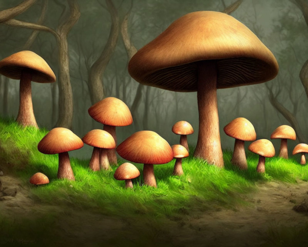 Fantasy illustration of oversized mushrooms in misty forest