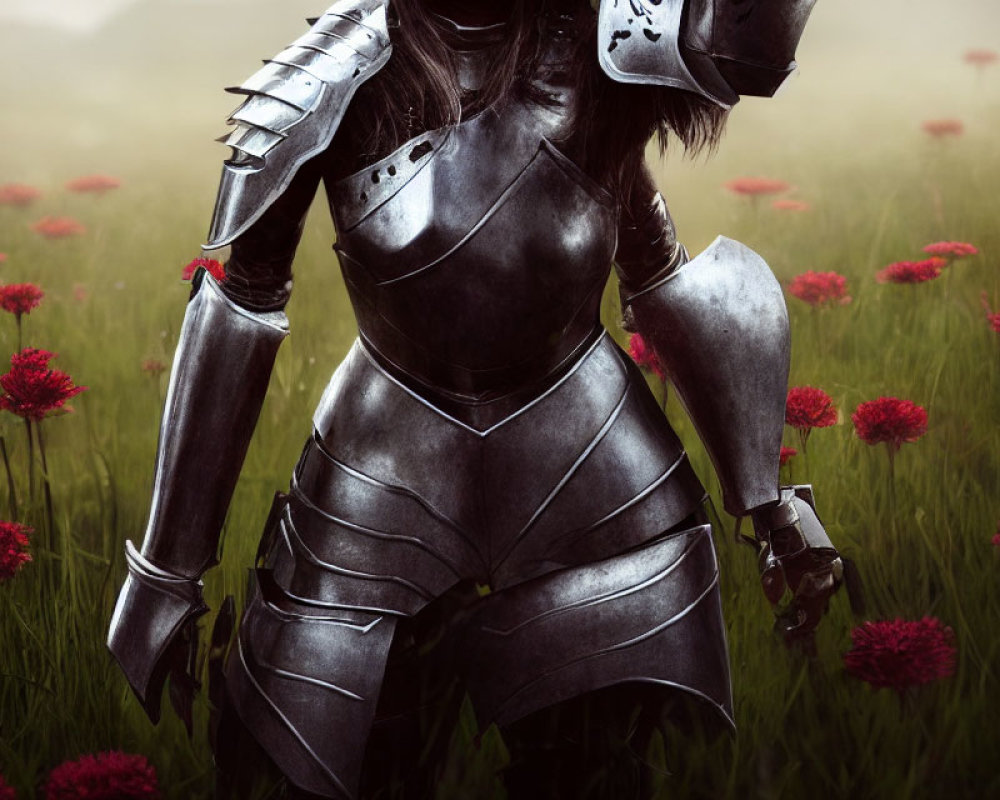 Person in Full Plate Armor Surrounded by Crimson Flowers in Foggy Field