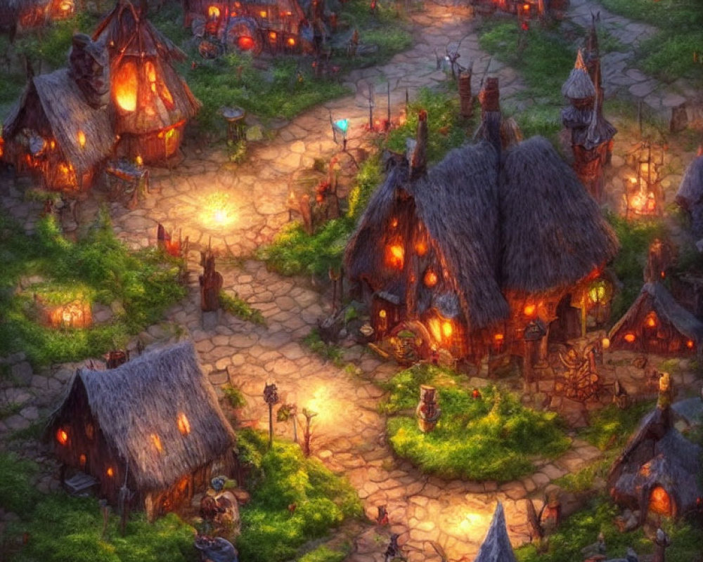 Nighttime village scene with thatched-roof cottages and glowing lanterns