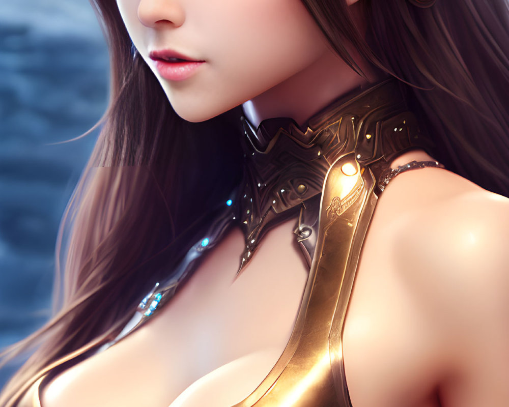 Detailed digital art: Female character with pointed ears, blue eyes, golden armor, intricate design, mystical