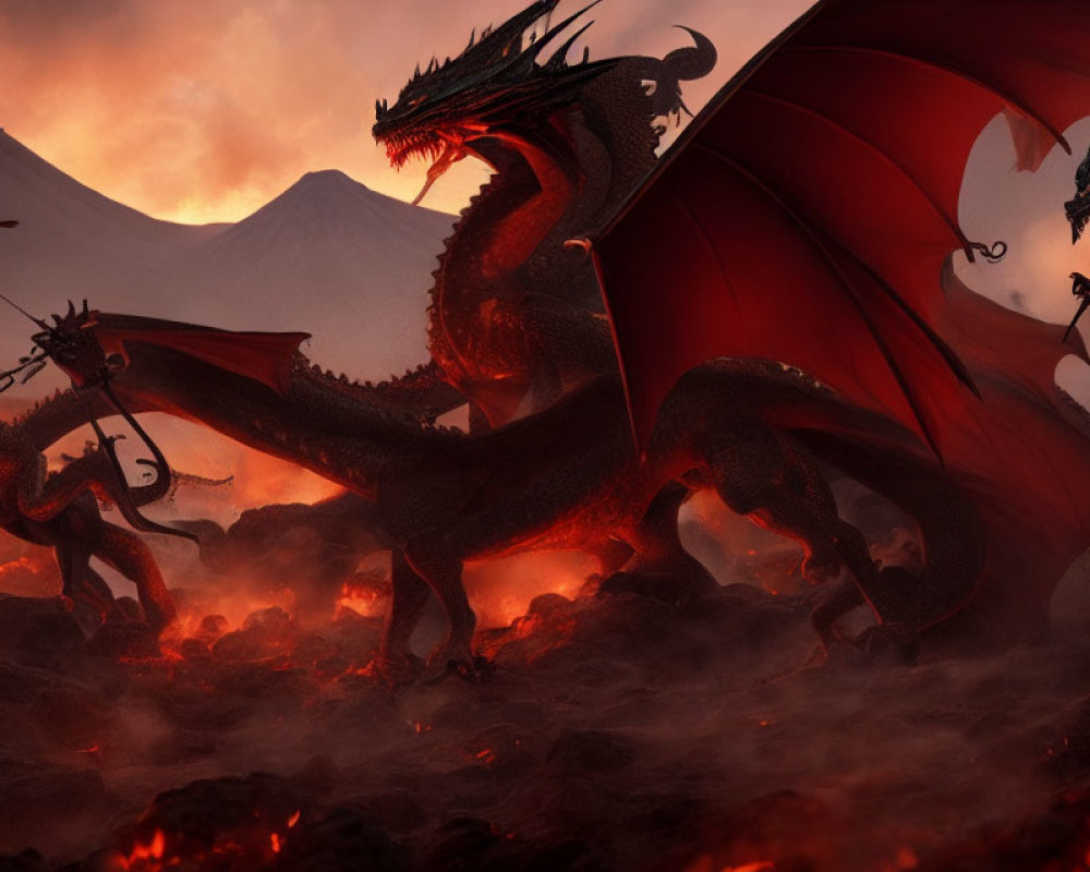 Three Menacing Dragons in Volcanic Landscape with Fiery Skies