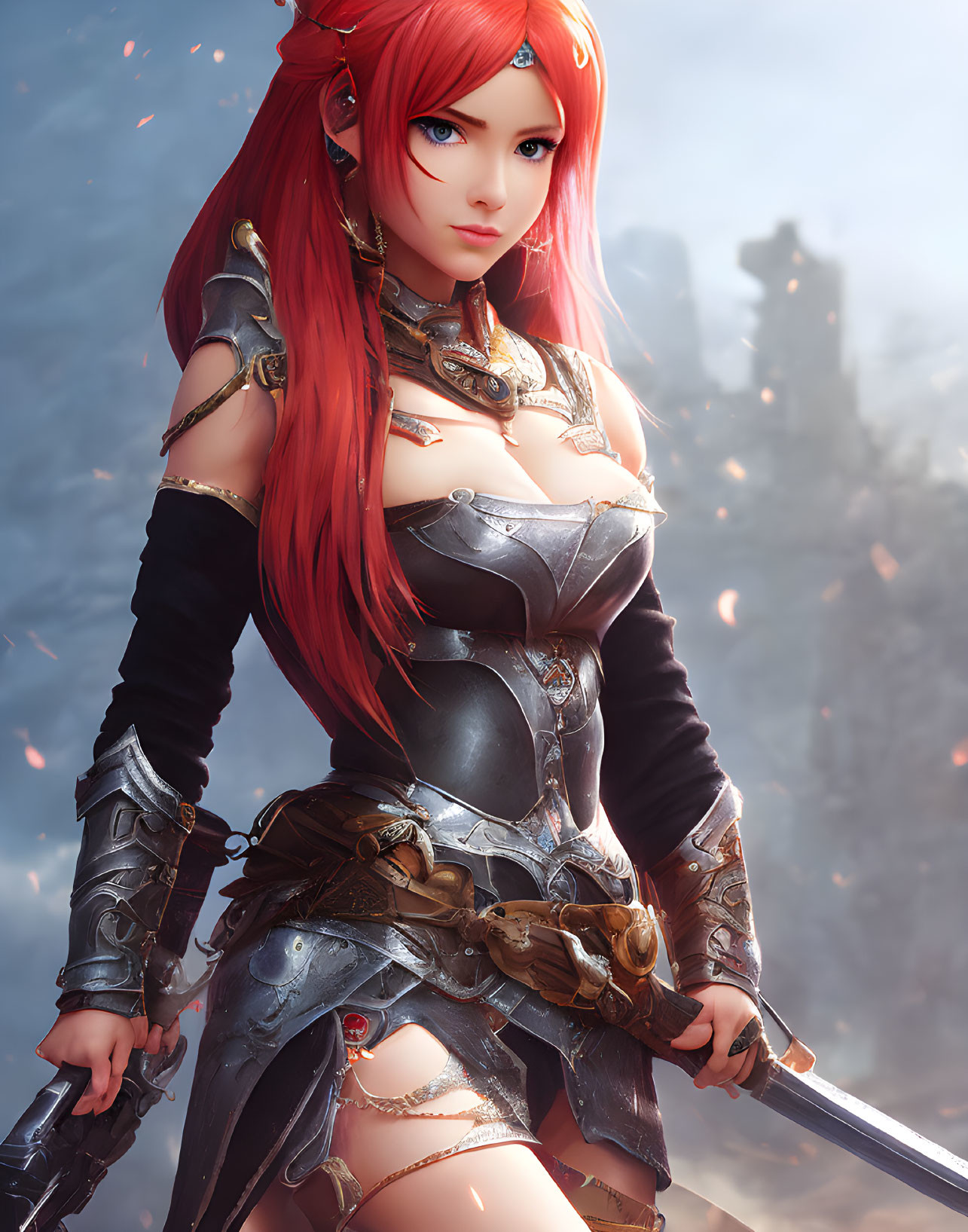 Female warrior digital artwork: red-haired, elven ears, detailed armor, sword, mystical forest.