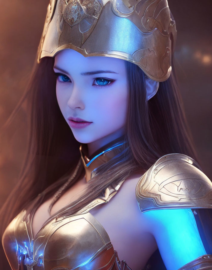 Blue-eyed woman in silver armor and helmet on warm background