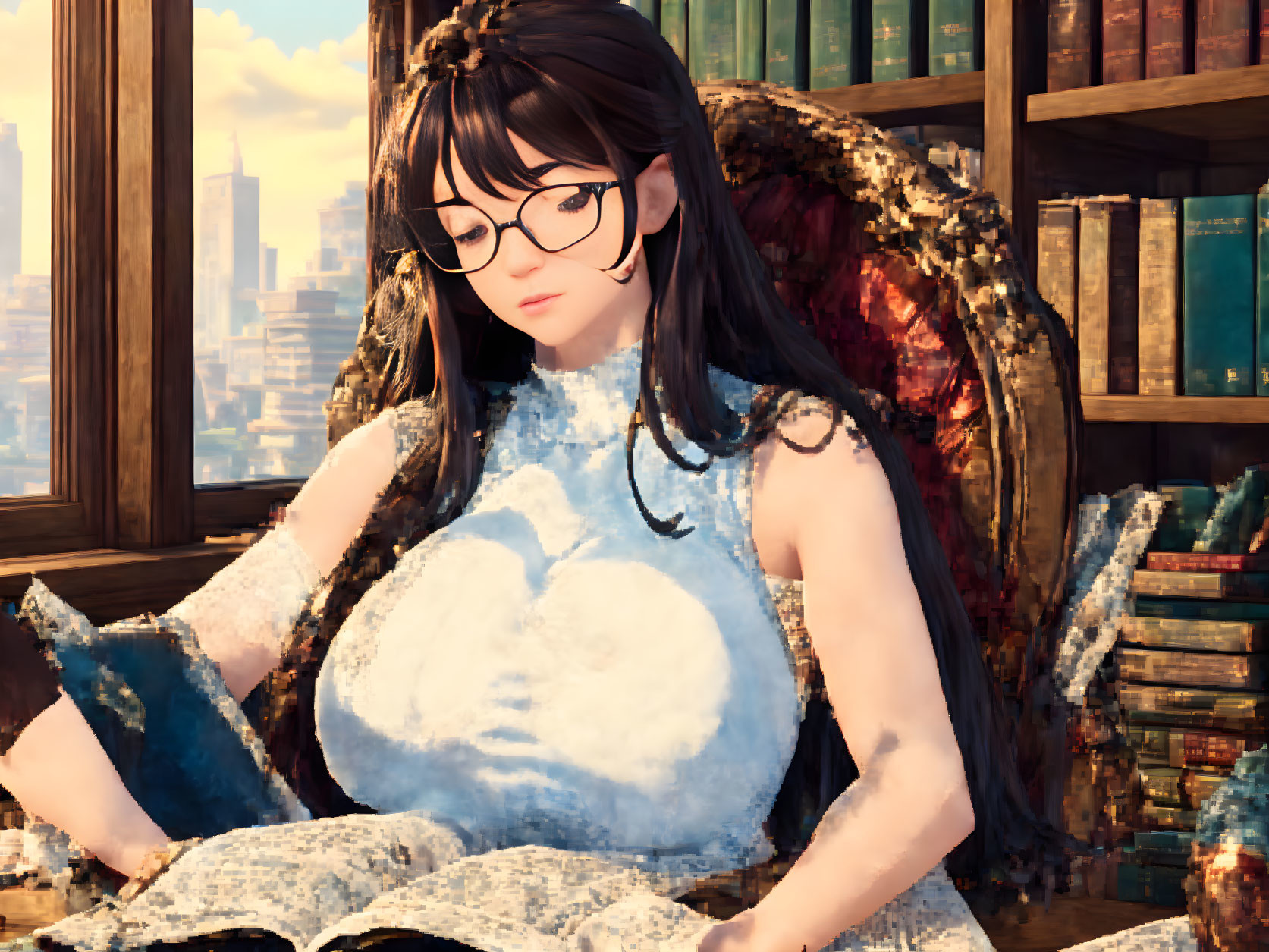 Digital artwork: Girl with glasses reading book in library with books and skyscrapers.