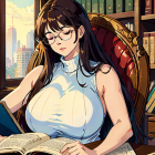 Digital artwork: Girl with glasses reading book in library with books and skyscrapers.