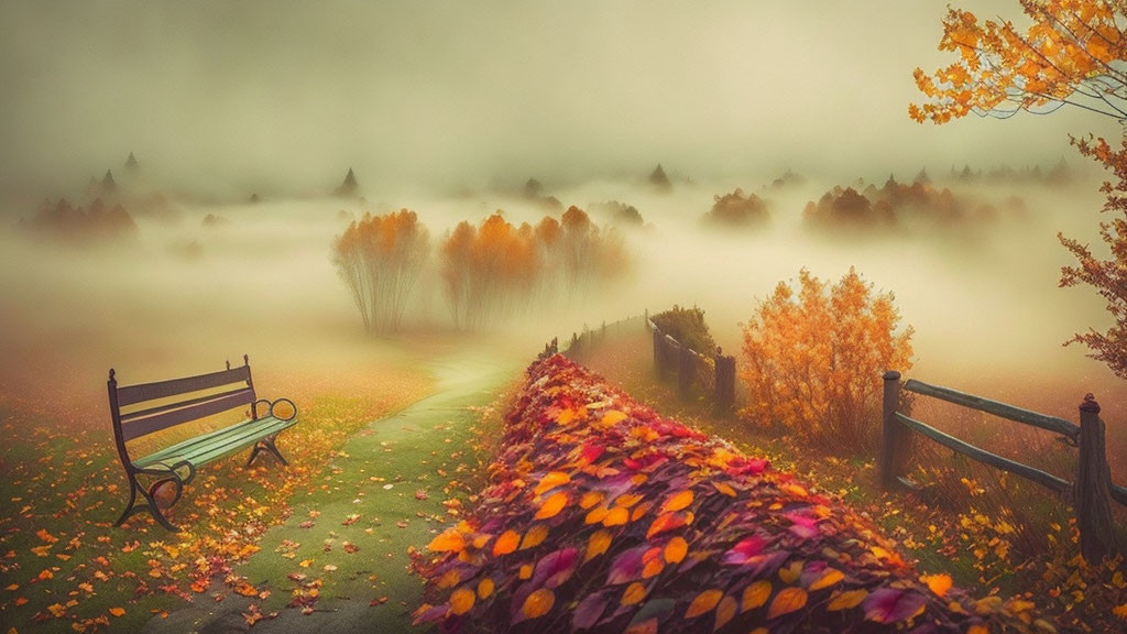 Autumnal landscape with mist, fallen leaves, bench, and foggy forest.