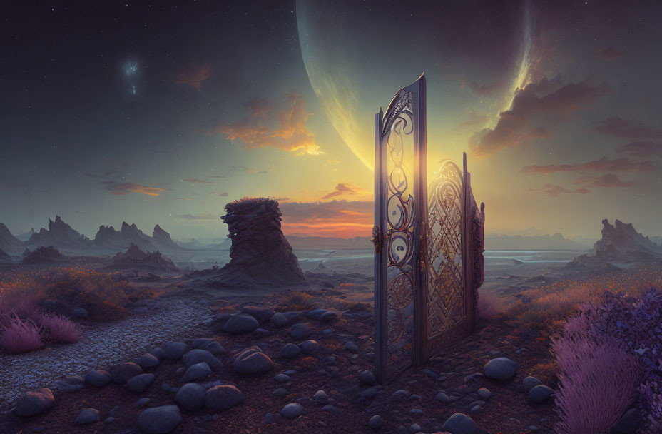 Surreal twilight landscape with open gate, purple flora, rock formations, crescent planet