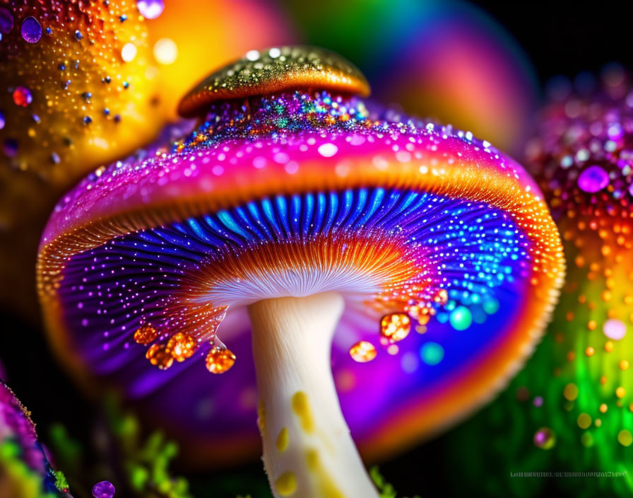 Colorful Macro Photo: Mushroom Cap with Dew Drops