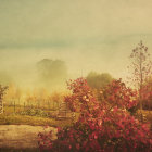 Autumnal landscape with mist, fallen leaves, bench, and foggy forest.