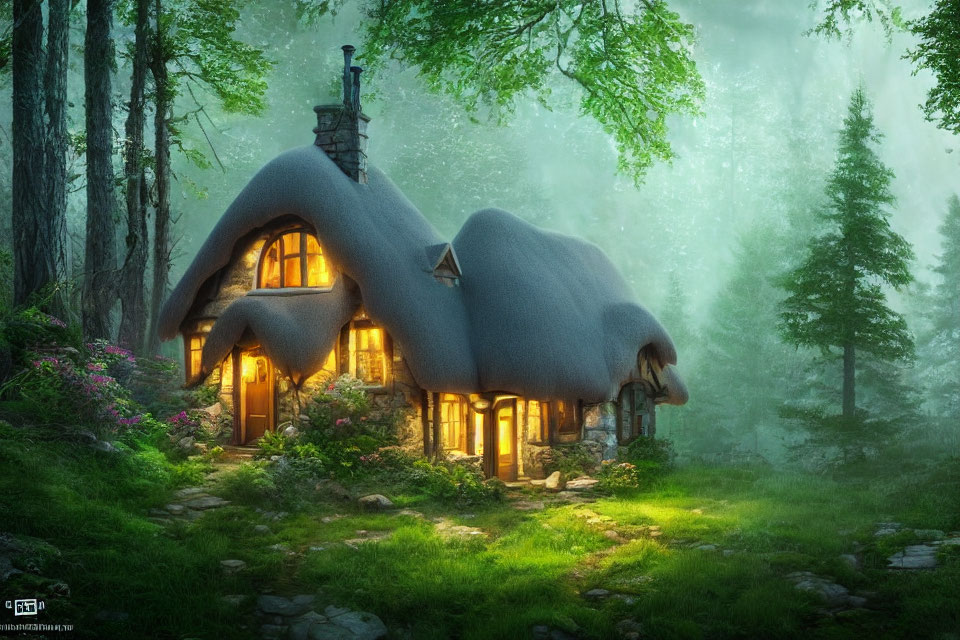 Thatched roof cottage in foggy forest with warm glow