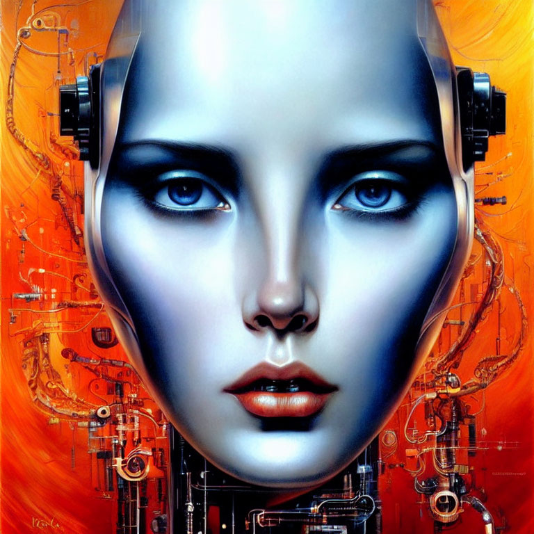 Detailed humanoid robot illustration with mechanical neck and headphones on warm backdrop.