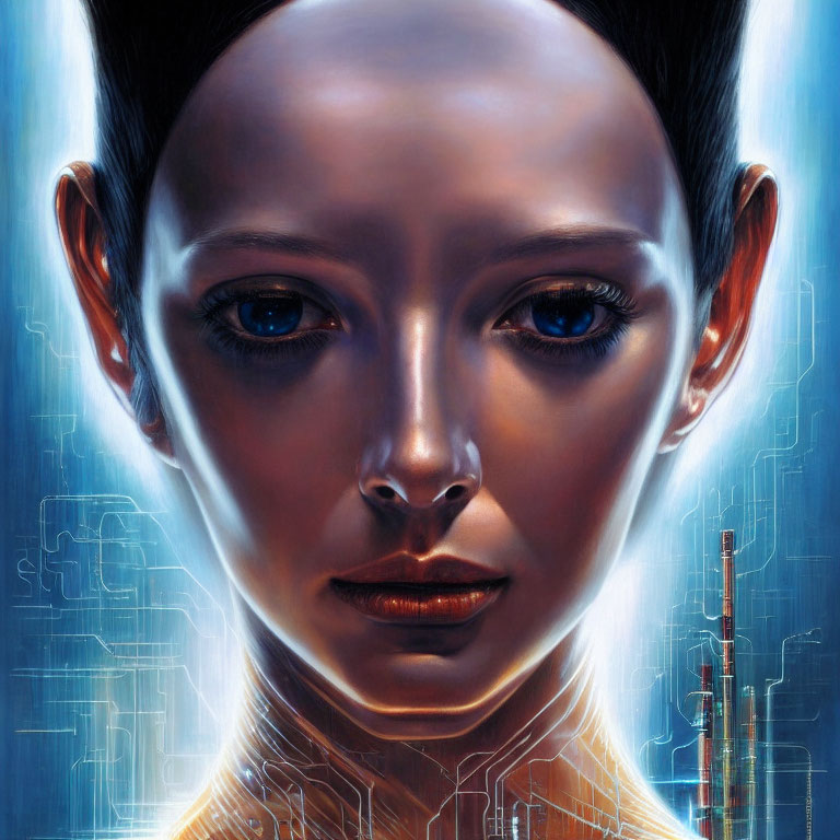 Detailed digital artwork: humanoid female with blue eyes, futuristic circuitry, cityscape silhouette