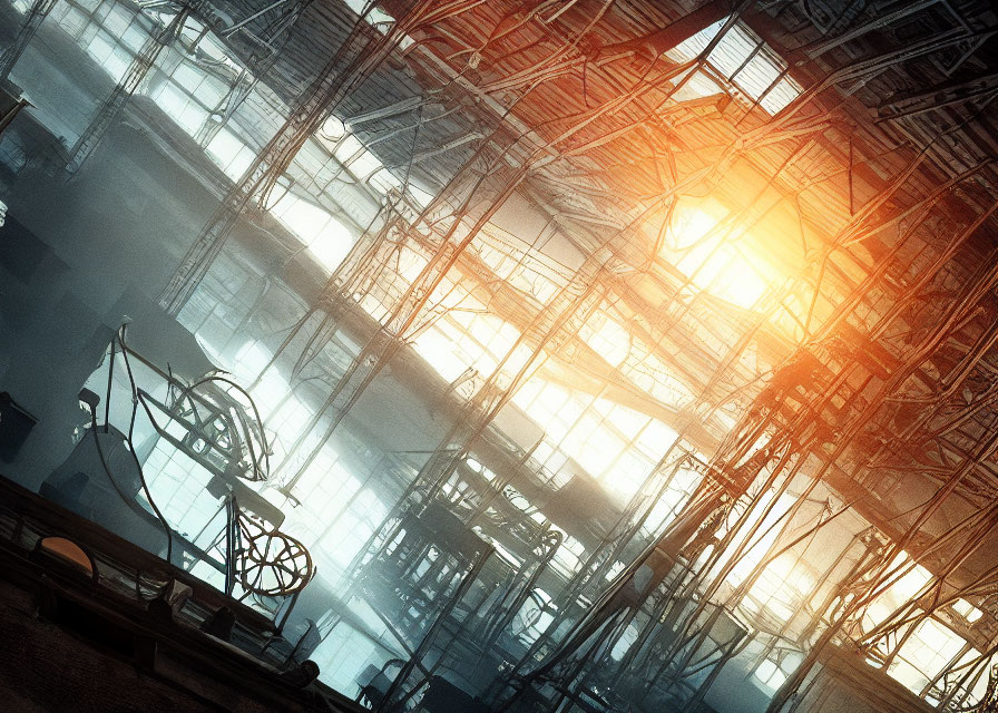 Industrial warehouse with machinery and shadows under sunlight