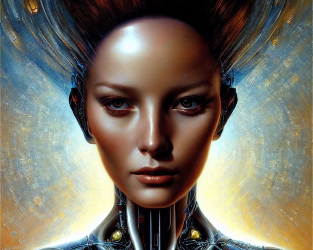 Female humanoid robot digital artwork with cybernetic neck, shoulders, futuristic headdress, and intense gaze