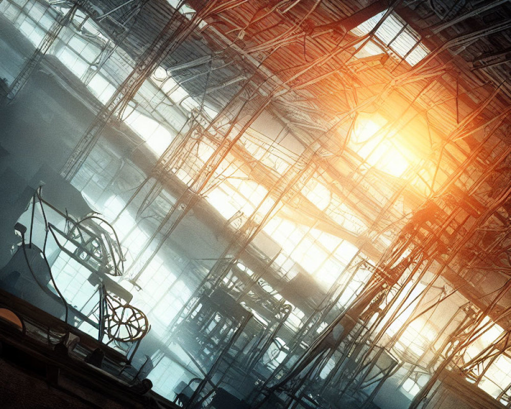 Industrial warehouse with machinery and shadows under sunlight