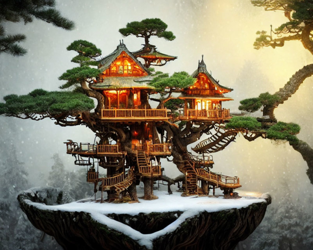 Digital artwork: Majestic treehouse on floating island in snowy setting