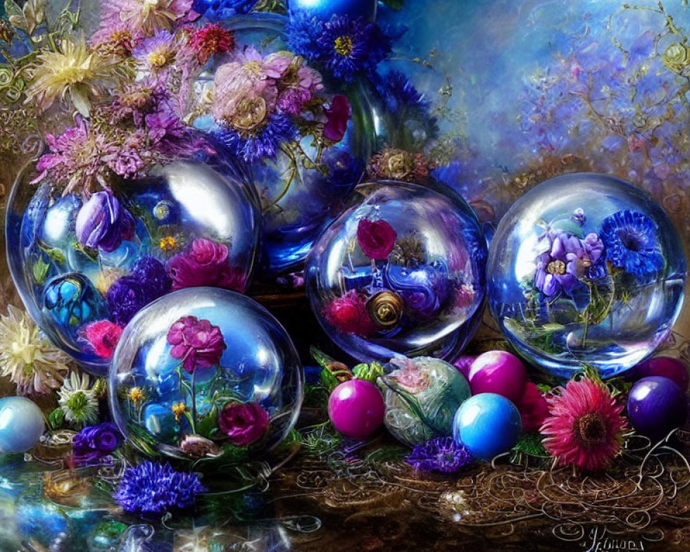 Colorful Still Life with Flowers and Reflective Spheres on Detailed Background