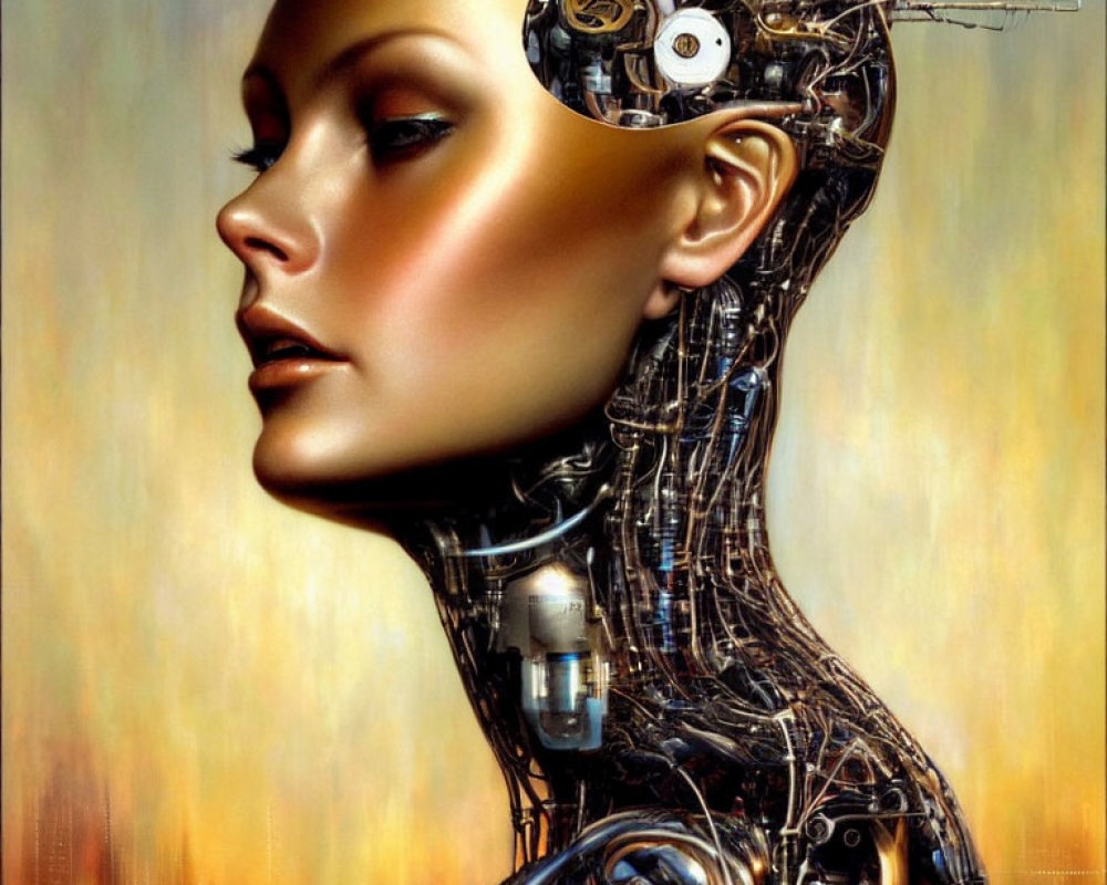 Hyper-realistic painting of female humanoid robot with exposed mechanical interior, showcasing artificial intelligence.