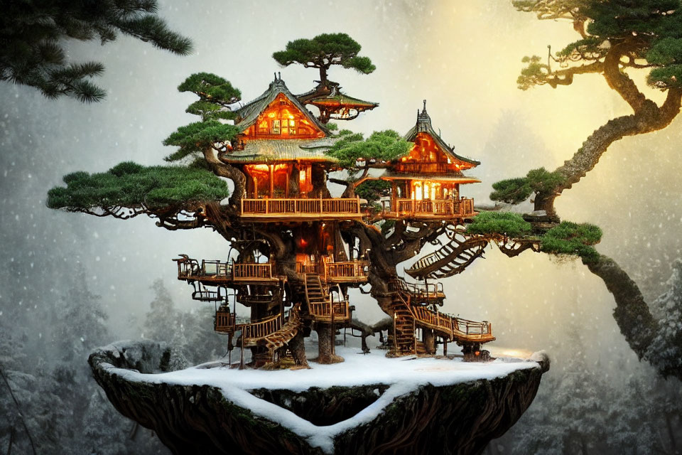 Digital artwork: Majestic treehouse on floating island in snowy setting