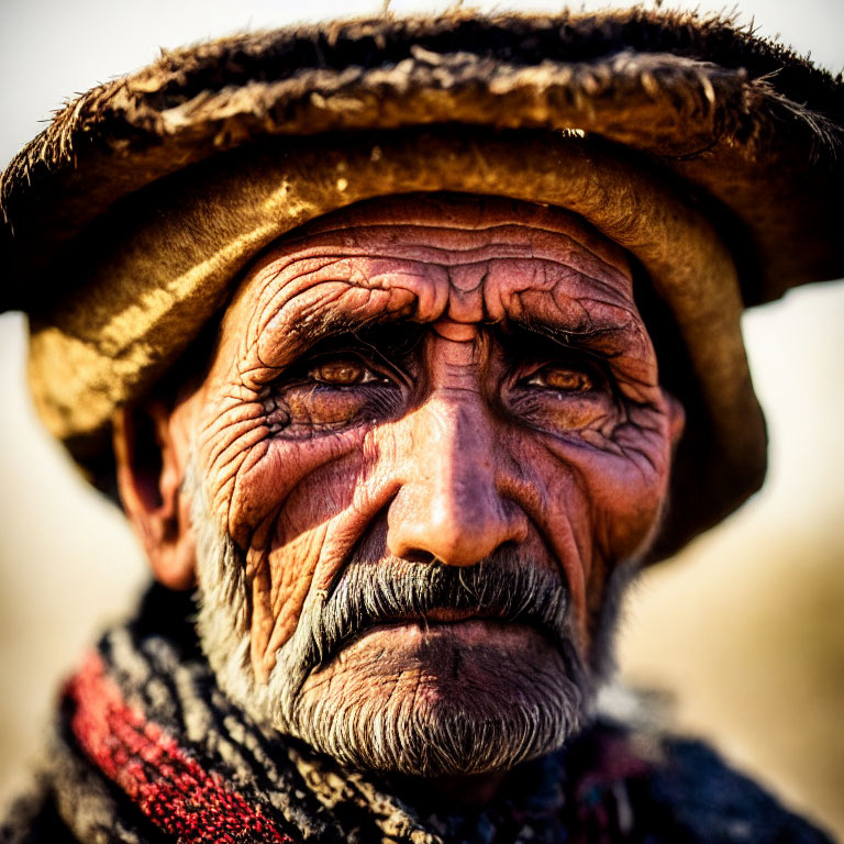 Elderly man with weathered face in traditional attire gazes into distance